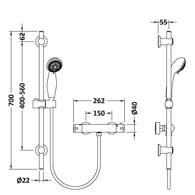 Delphi Cara Round Matt Black Bar Mixer Shower Set with Slide Rail Kit  | Dimension Image