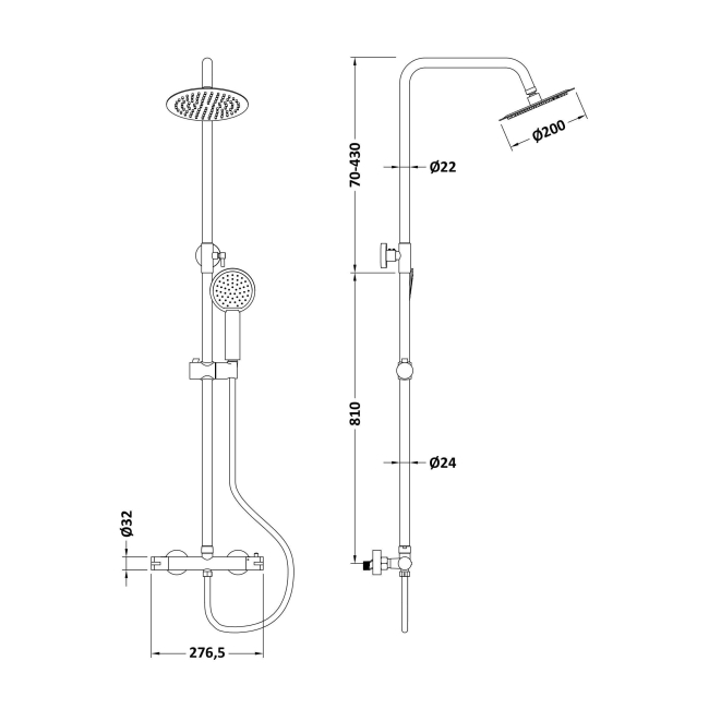 Delphi Cara Round Brushed Brass Bar Mixer Shower Set with Fixed Head and Handset  | Dimension Image