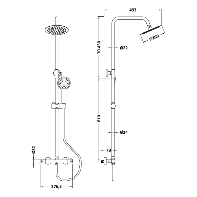 Delphi Cara Round Chrome Bar Mixer Shower Set with Fixed Head and Handset  | Dimension Image