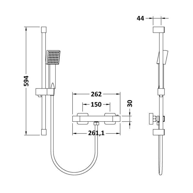 Delphi Cara Square Brushed Brass Bar Mixer Shower Set with Slide Rail Kit  | Dimension Image