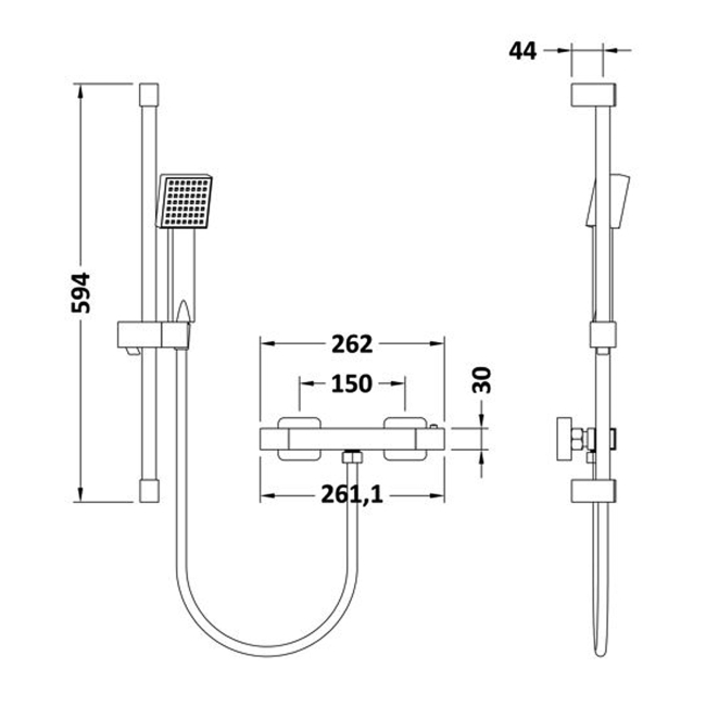 Delphi Cara Square Chrome Bar Mixer Shower Set with Slide Rail Kit  | Dimension Image