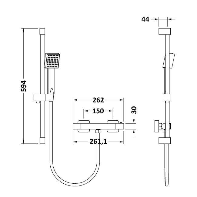 Delphi Cara Square Matt Black Bar Mixer Shower Set with Slide Rail Kit  | Dimension Image