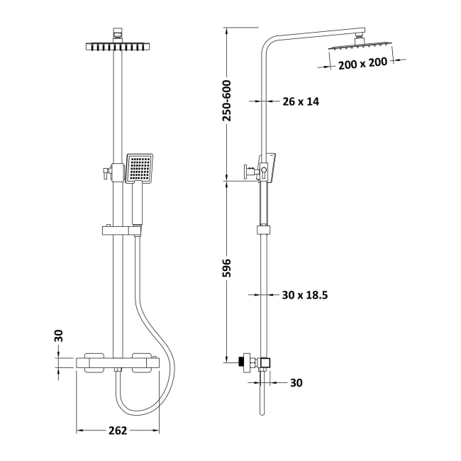 Delphi Cara Square Brushed Brass Bar Mixer Shower Set with Fixed Head and Handset  | Dimension Image