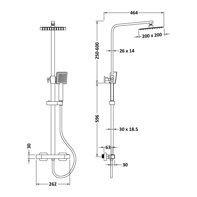 Delphi Cara Square Chrome Bar Mixer Shower Set with Fixed Head and Handset  | Dimension Image