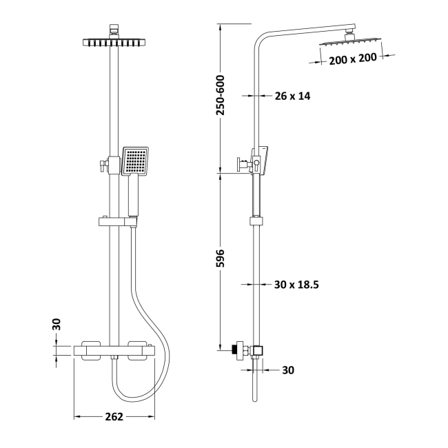 Delphi Cara Square Matt Black Bar Mixer Shower Set with Fixed Head and Handset  | Dimension Image