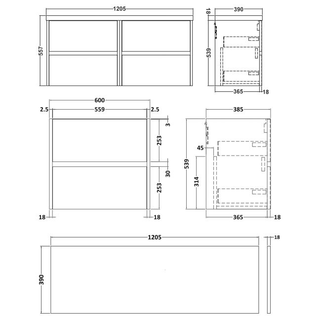 Delphi Cassidy Midnight Blue 1200mm 4-Drawer Wall Hung Countertop Vanity Unit  | Dimension Image