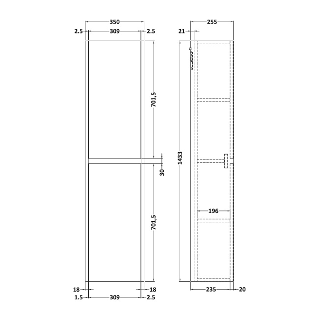 Delphi Cassidy Coastal Grey 350mm 2-Door Wall Hung Tall Unit  | Dimension Image
