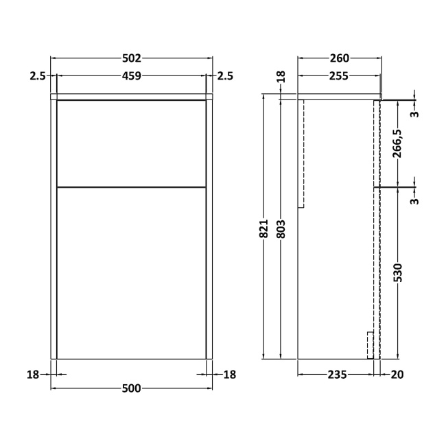 Delphi Cassidy Graphite Grey 500mm Back to Wall Toilet WC Unit  | Dimension Image