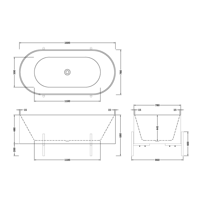 Delphi Cauldron Modern Freestanding Bath 1600mm x 780mm (inc Cradle/Stand)  | Dimension Image