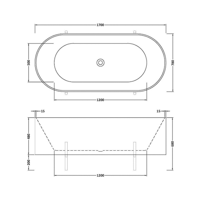 Delphi Cauldron Modern Freestanding Bath 1700mm x 750mm (inc Cradle/Stand)  | Dimension Image