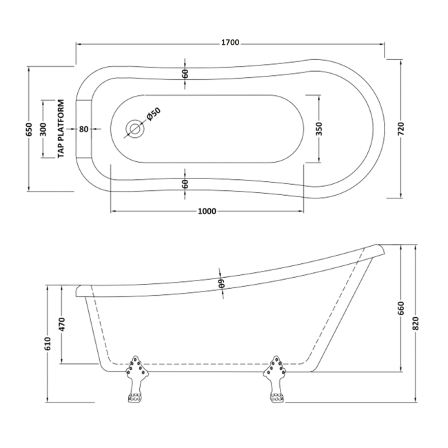 Delphi Coronation Single Ended Freestanding Slipper Bath 1700mm x 720mm (inc Feet)  | Dimension Image