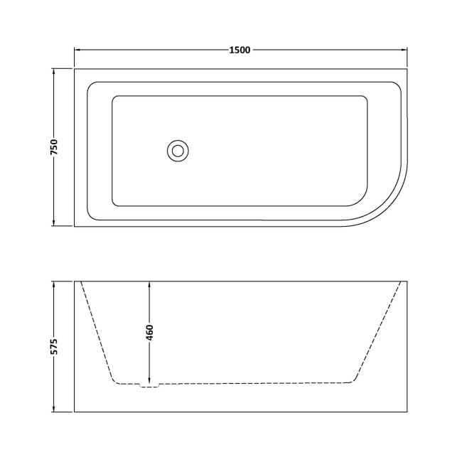 Delphi Crest J-Shaped Freestanding Curved Corner Bath 1500mm x 750mm Left Handed  | Dimension Image