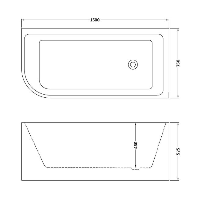 Delphi Crest J-Shaped Freestanding Curved Corner Bath 1500mm x 750mm Right Handed  | Dimension Image