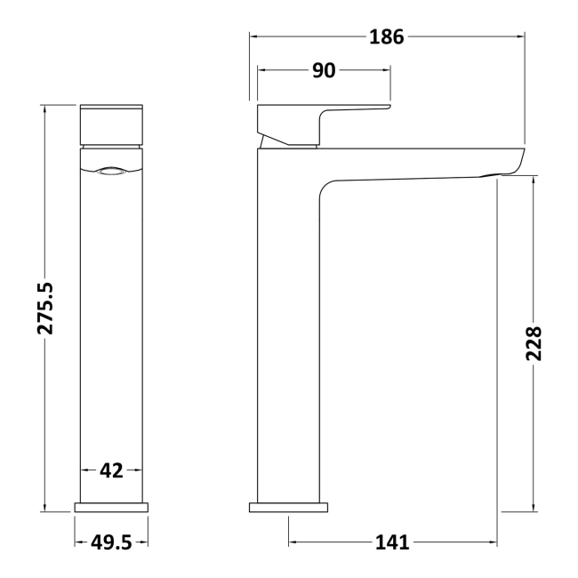 Delphi Dive Chrome High Rise Tall Mono Basin Mixer Tap  | Dimension Image
