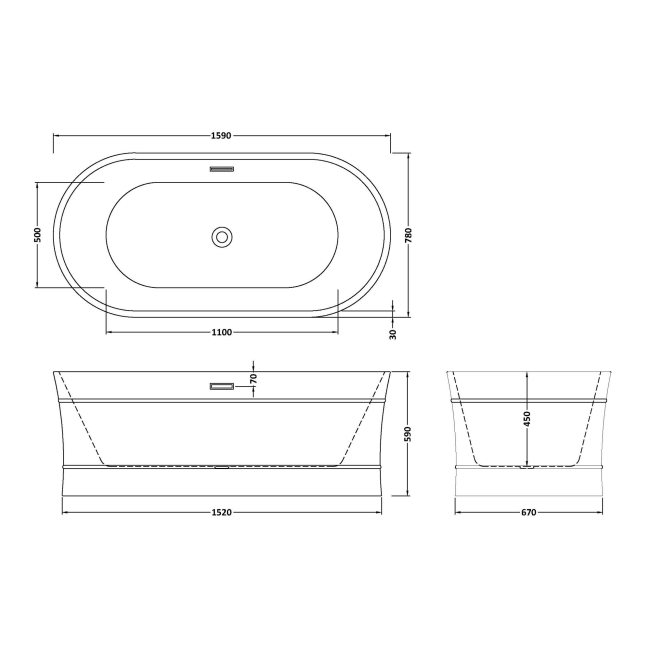 Delphi Drift Deco Concave Oval Modern Freestanding Bath 1600mm x 780mm  | Dimension Image