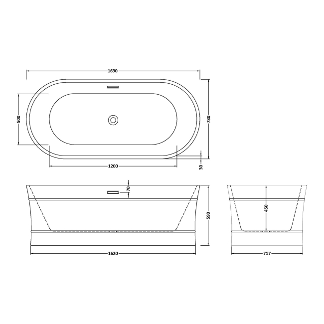 Delphi Drift Deco Concave Oval Modern Freestanding Bath 1700mm x 780mm  | Dimension Image