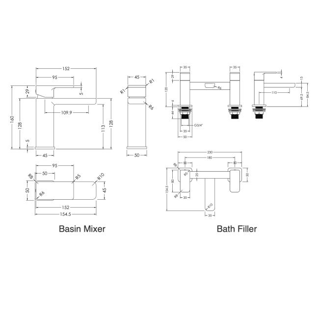 Delphi Edge Chrome Basin Mixer and Bath Filler Tap Set (inc Press Top Waste)  | Dimension Image