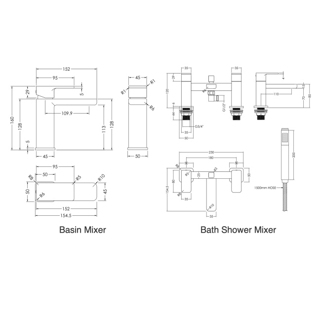 Delphi Edge Chrome Basin Mixer and Bath Shower Mixer Tap Set (inc Shower Kit and Press Top Waste)  | Dimension Image