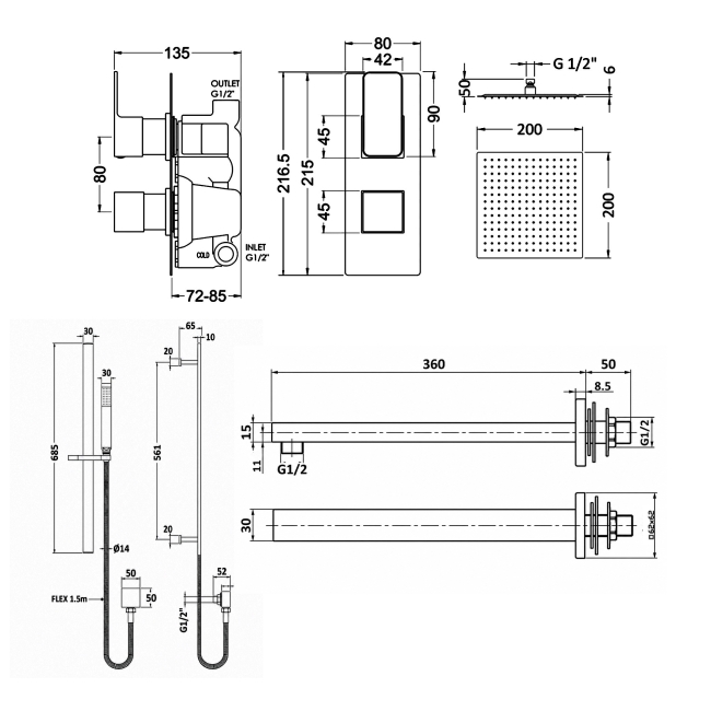 Delphi Edge Brushed Bronze Dual Concealed Shower Set with Fixed Head and Slide Rail Kit  | Dimension Image