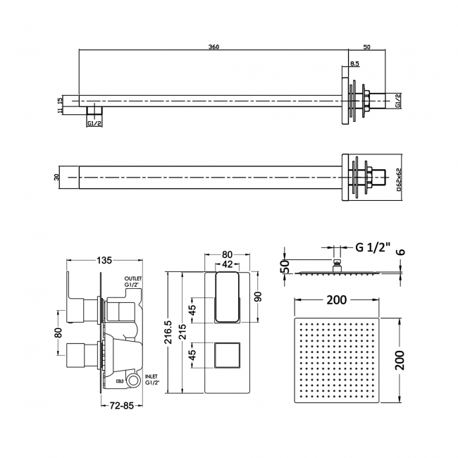 Delphi Edge Brushed Brass Dual Concealed Shower Set with Fixed Head