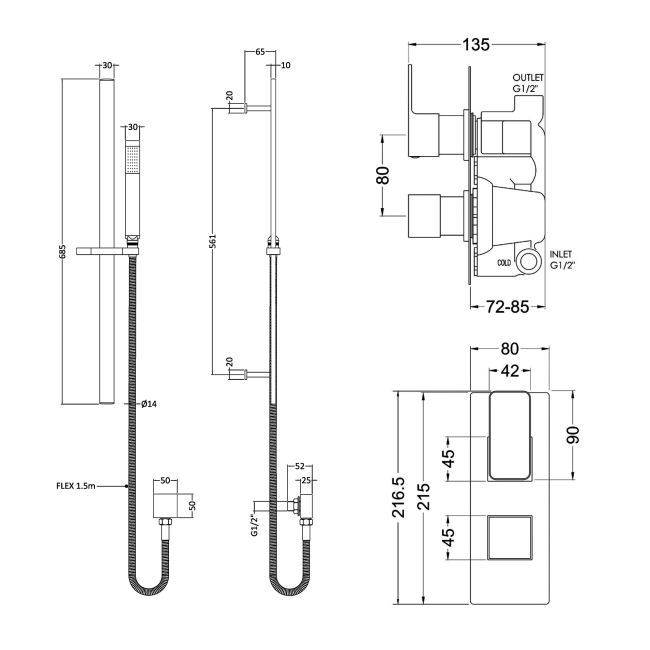 Delphi Edge Brushed Bronze Dual Concealed Shower Set with Slide Rail Kit  | Dimension Image