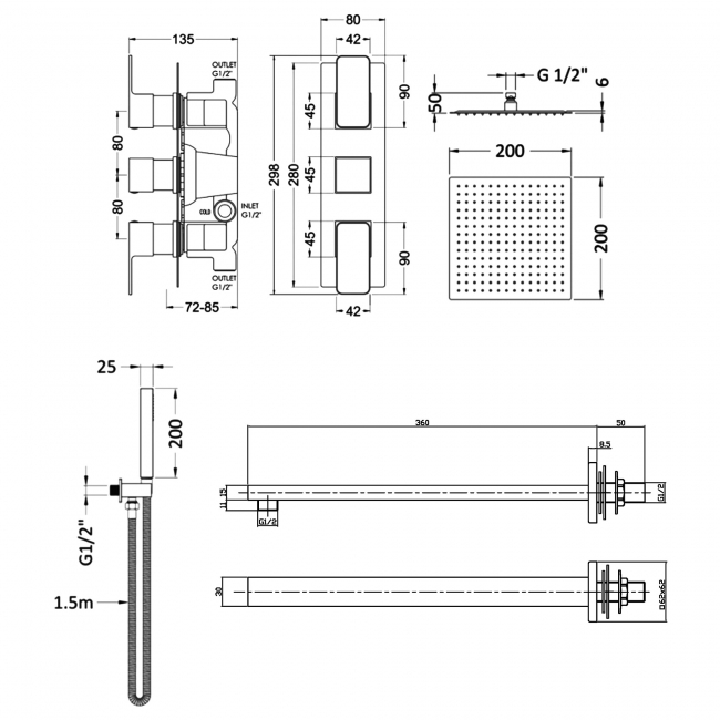Delphi Edge Brushed Bronze Triple Concealed Shower Set with Fixed Head and Handset