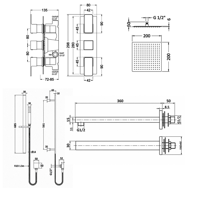 Delphi Edge Brushed Bronze Triple Concealed Shower Set with Fixed Head and Slide Rail Kit  | Dimension Image