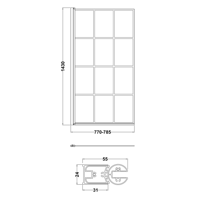 Delphi Elements Matt Black Grid Bath Screen 1430mm x 790mm - 6mm Glass  | Dimension Image