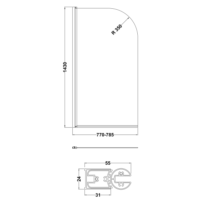 Delphi Elements Brushed Brass Round Top Bath Screen 1430mm x 790mm - 6mm Glass  | Dimension Image