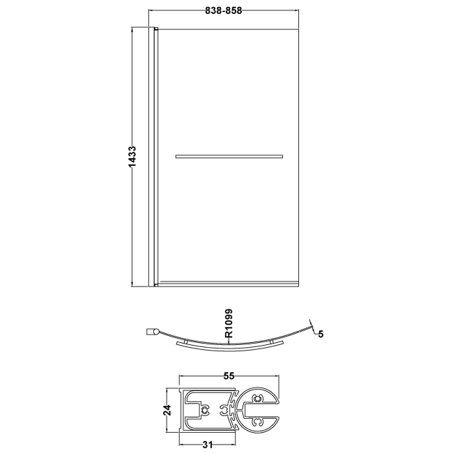 Delphi Elements Chrome Hinged B-Shaped Shower Bath Screen 1430mm x 858mm (inc Towel Bar)  | Dimension Image