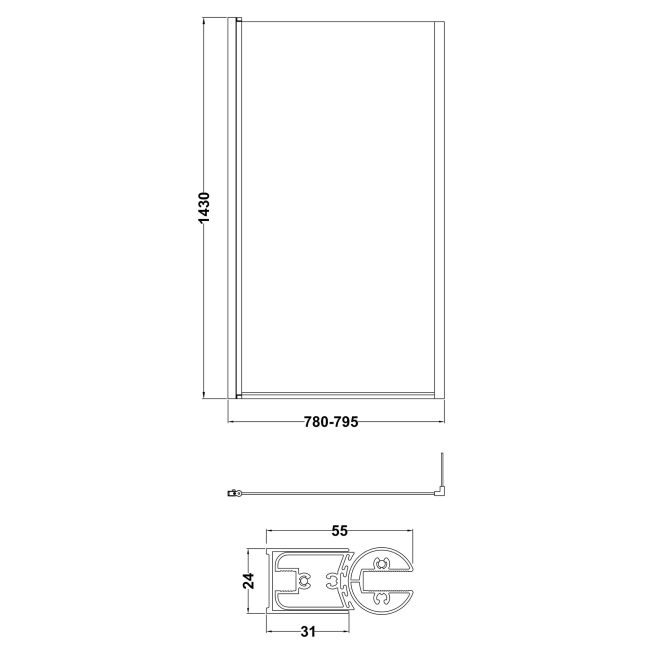 Delphi Elements Brushed Brass Hinged L-Shaped Shower Bath Screen 1430mm x 795mm  | Dimension Image
