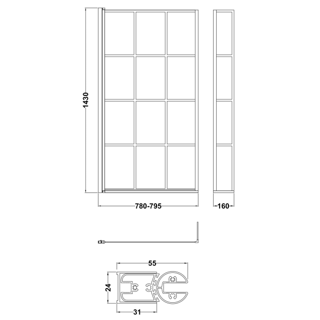Delphi Elements Black Grid Hinged L-Shaped Shower Bath Screen 1430mm x 795mm  | Dimension Image