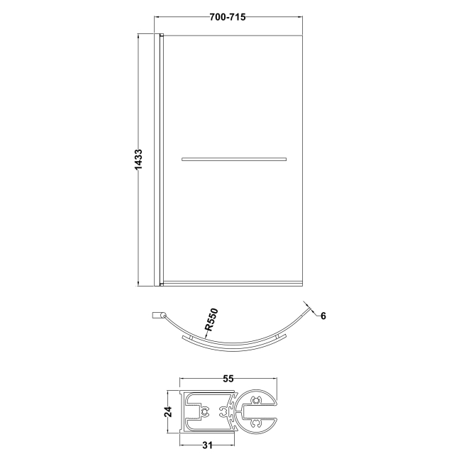 Delphi Elements Chrome Hinged P-Shaped Shower Bath Screen 1430mm x 715mm (inc Towel Bar)  | Dimension Image