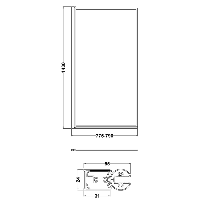 Delphi Elements Matt Black Framed Bath Screen 1430mm x 790mm - 6mm Glass  | Dimension Image