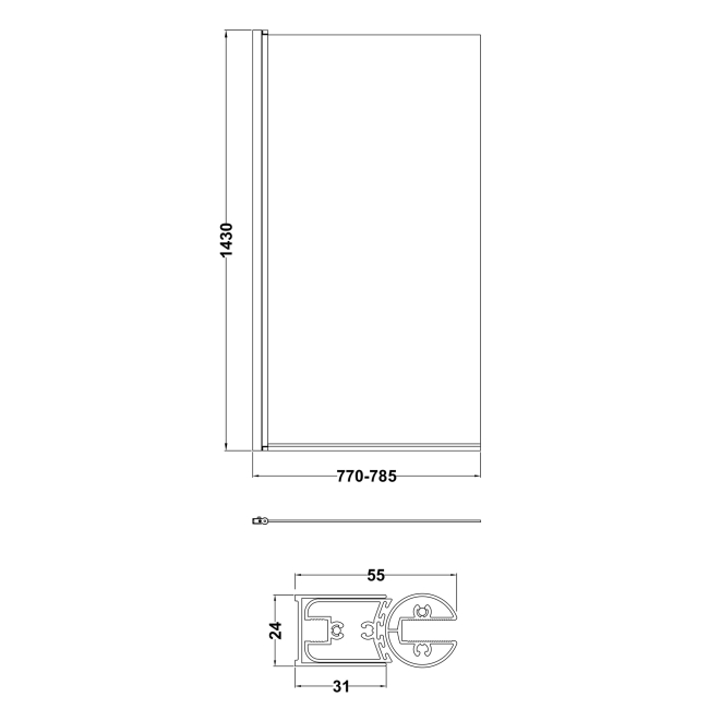 Delphi Elements Brushed Brass Square Top Bath Screen 1430mm x 790mm - 6mm Glass  | Dimension Image