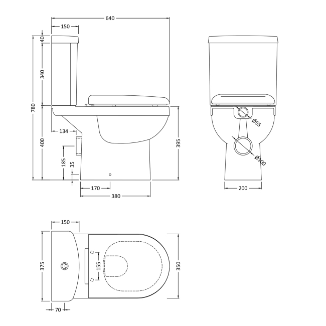 Delphi Elise Rimless Close Coupled Toilet (inc Soft Close Seat)  | Dimension Image