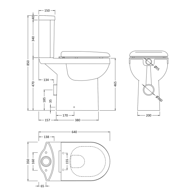 Delphi Elise Extended Height Close Coupled Toilet (inc Soft Close Seat)  | Dimension Image