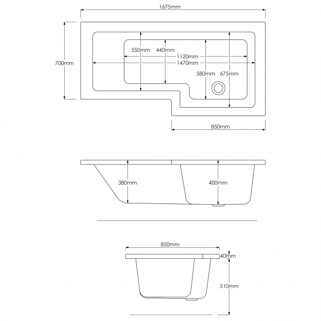 Delphi Elite L-Shaped Standard Shower Bath 1675mm x 700/850mm - Right Handed