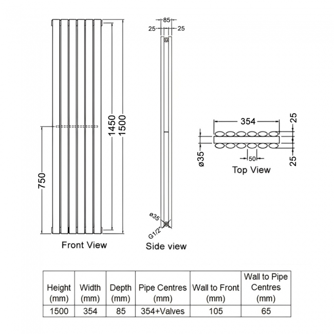 Delphi Ellipse Double Vertical Designer Radiator 1500mm H x 354mm W - Gloss White  | Dimension Image