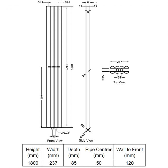 Delphi Ellipse Double Vertical Designer Radiator 1800mm H x 237mm W - Gloss White  | Dimension Image