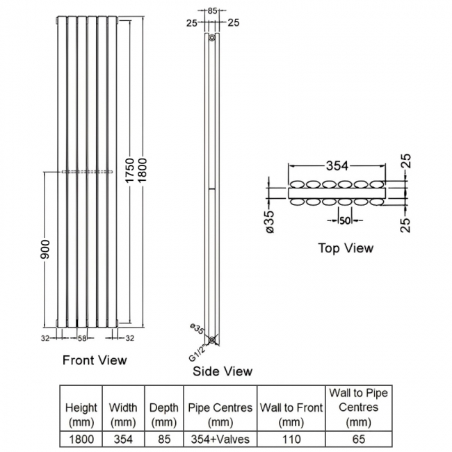 Delphi Ellipse Double Vertical Designer Radiator 1800mm H x 354mm W - Gloss White  | Dimension Image