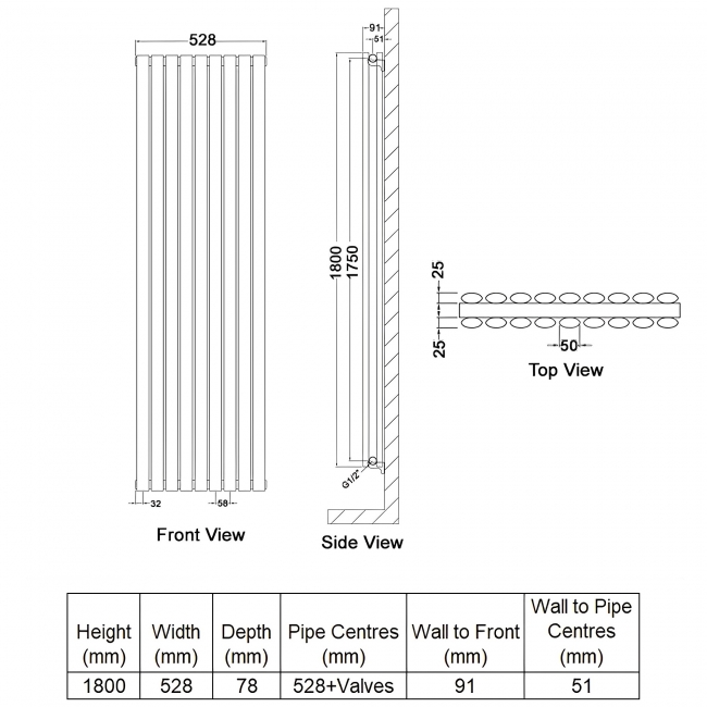 Delphi Ellipse Double Vertical Designer Radiator 1800mm H x 528mm W - Gloss White