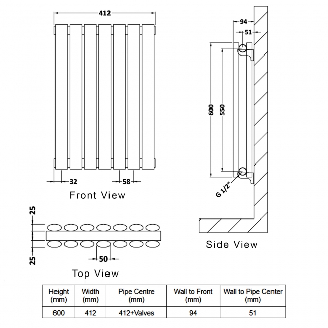 Delphi Ellipse Double Horizontal Designer Radiator 600mm H x 412mm W - Gloss White  | Dimension Image