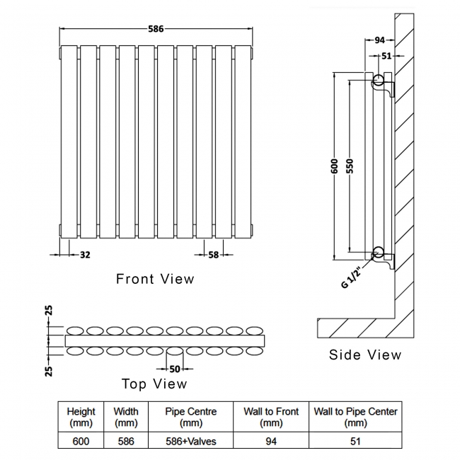 Delphi Ellipse Double Horizontal Designer Radiator 600mm H x 586mm W - Gloss White  | Dimension Image