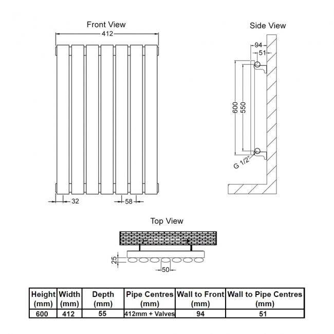 Delphi Ellipse Single Horizontal Designer Radiator 600mm H x 412mm W - Anthracite  | Dimension Image