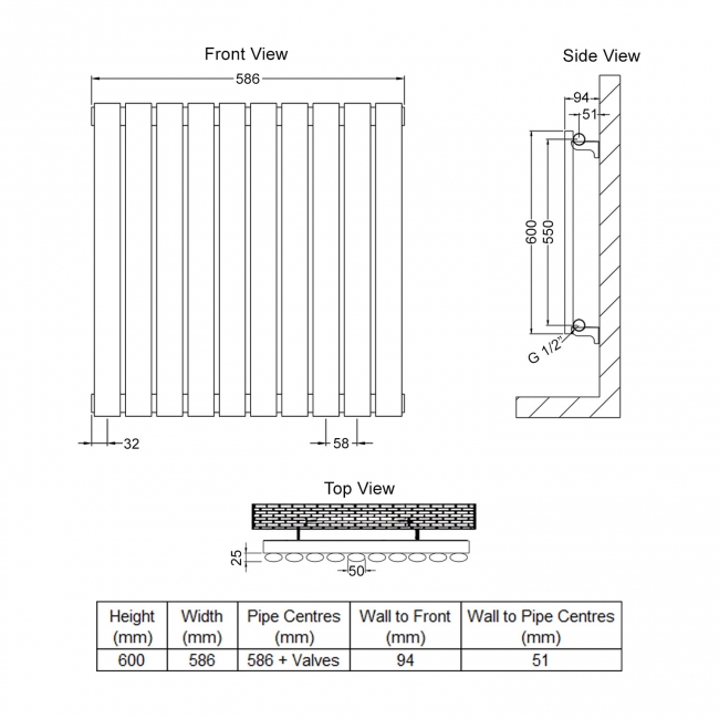 Delphi Ellipse Single Horizontal Designer Radiator 600mm H x 586mm W - Gloss White  | Dimension Image