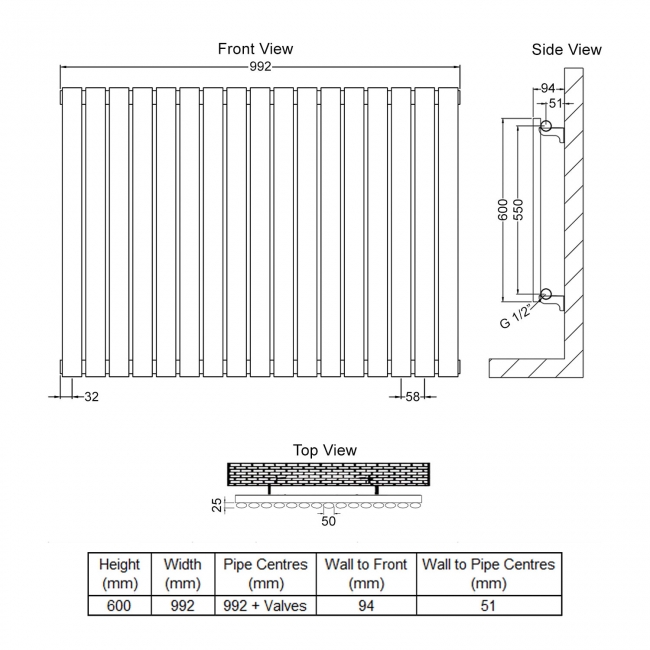 Delphi Ellipse Single Horizontal Designer Radiator 600mm H x 992mm W - Anthracite  | Dimension Image