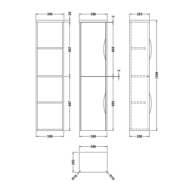Delphi Envoy Soft Black 350mm 2-Door Wall Hung Tall Unit  | Dimension Image