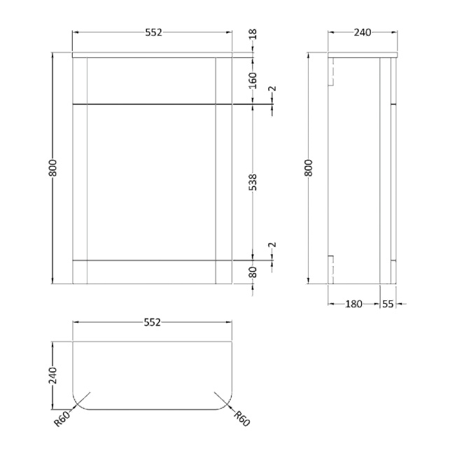 Delphi Envoy Soft Black 550mm Back to Wall Toilet WC Unit  | Dimension Image