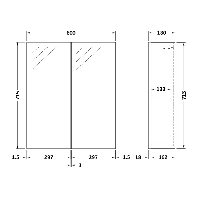 Delphi Envoy Soft Black 600mm 2-Door Mirrored Bathroom Cabinet  | Dimension Image